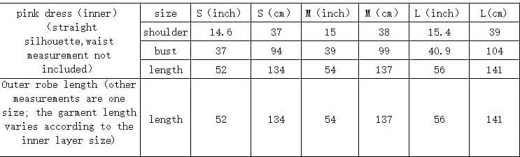 Measurement chart for black-white skirt and pink dress with size specifications.