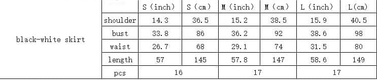 Measurement chart for black-white skirt and pink dress with size specifications.